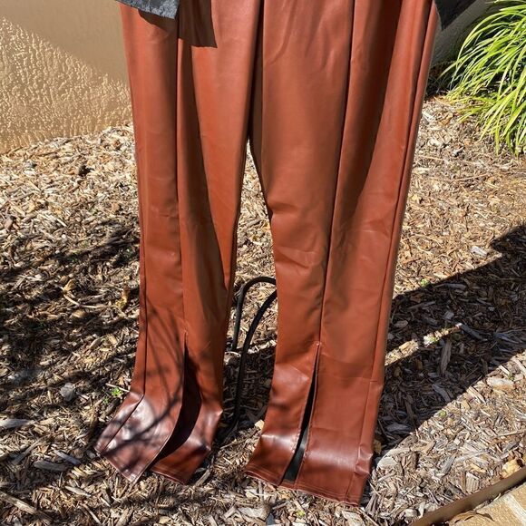 PRETTYLITTLETHING CHOCOLATE FAUX LEATHER SEAM DETAIL SPLIT HEM TROUSERS 8 NWT - Picture 11 of 16